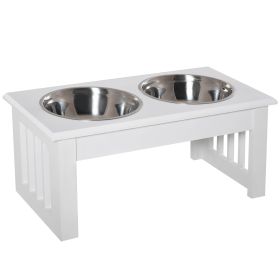 PawHut Wooden Dog Feeding Station with 2 Stainless Steel Bowls and Non-Slip Base Elegant White